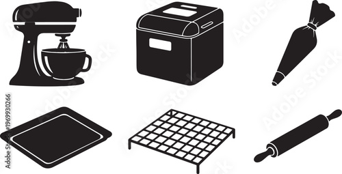 Black Solid Bakery Equipment Silhouettes Set of Six on White Background