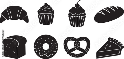 Black Solid Bakery Items Silhouettes Set of Six on White Background