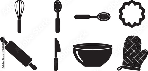 Black Solid Baking Utensils Silhouettes Set of Six on White Background