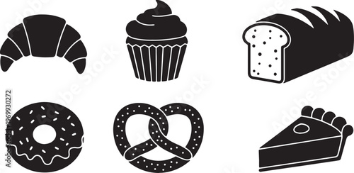 Black Solid Bakery Items Silhouettes Set of Six on White Background