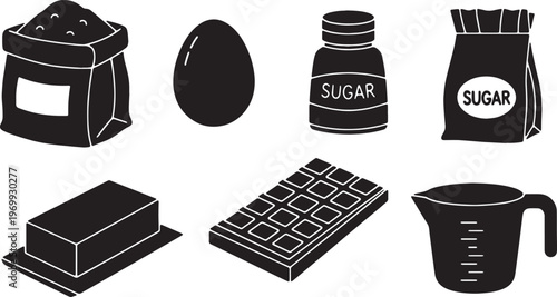 Black Solid Baking Ingredients Silhouettes Set of Six on White Background