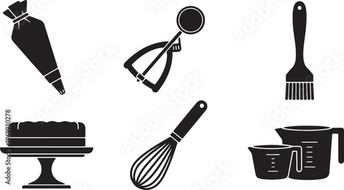 Black Solid Kitchen Baking Accessories Silhouettes Set of Six on White Background