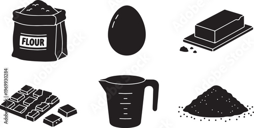 Black Solid Baking Ingredients Silhouettes Set of Six on White Background