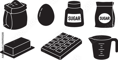 Black Solid Baking Ingredients Silhouettes Set of Six on White Background