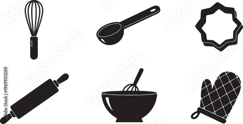 Black Solid Baking Utensils Silhouettes Set of Six on White Background