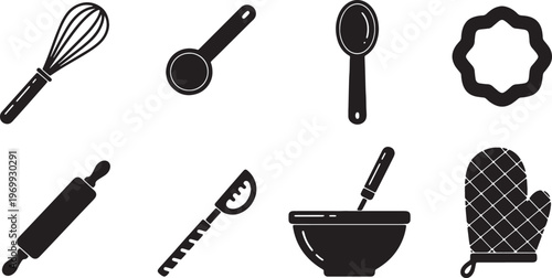 Black Solid Baking Utensils Silhouettes Set of Six on White Background