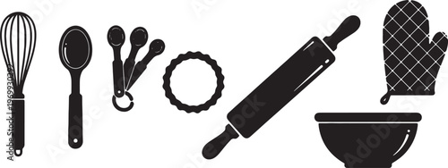 Black Solid Baking Utensils Silhouettes Set of Six on White Background