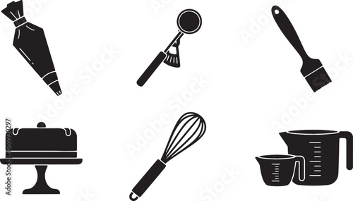 Black Solid Kitchen Baking Accessories Silhouettes Set of Six on White Background