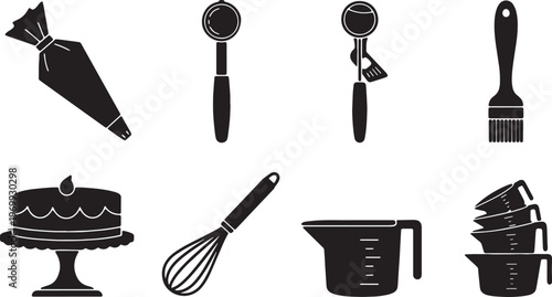 Black Solid Kitchen Baking Accessories Silhouettes Set of Six on White Background