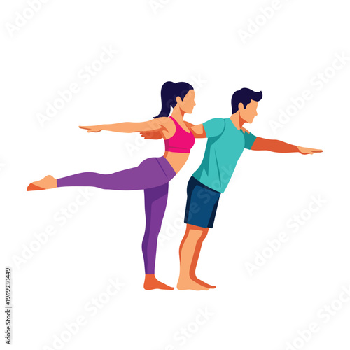 Illustration of a man and woman in a yoga pose with one leg raised and arms outstretched on a white background.