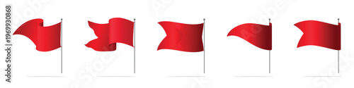 Collection of Waving Red Flags on Poles Vector Set