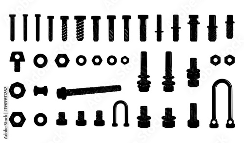 set of tools Industrial Threaded Rod Silhouette Icon Set for Mechanical Parts and Engineering Graphics