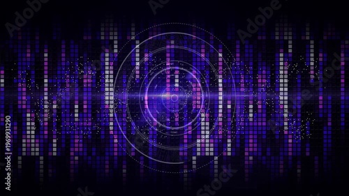 Central HUD reacting to flare, forming rotating rings, pulsing particles visualizing audio