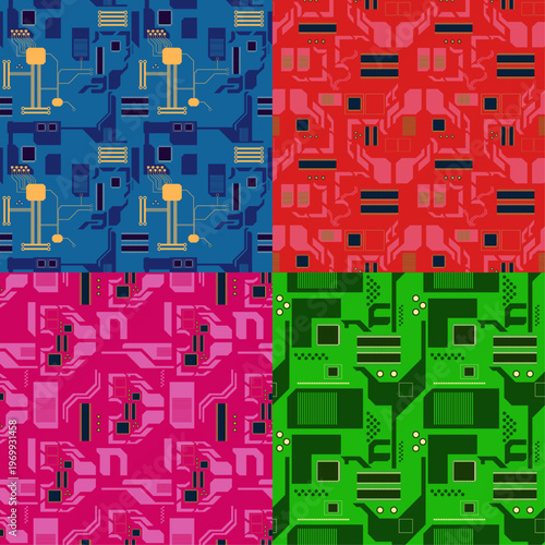 Set of seamless PCB circuit board patterns in blue, red, pink, and green. Digital tech vector illustration for background and electronics design.