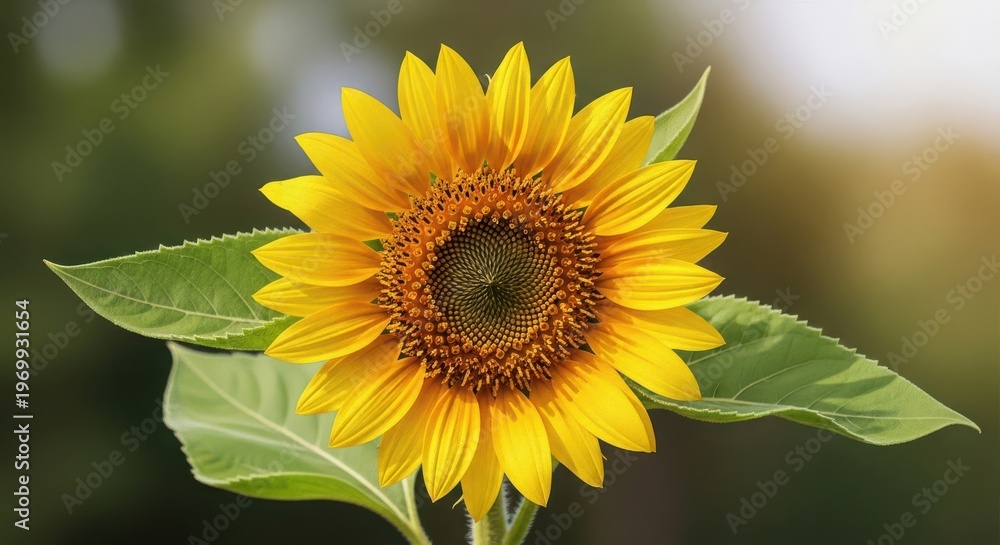 Obraz premium Vibrant sunflower with bright yellow petals and green leaves in natural outdoor setting