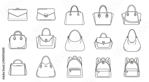 Collection of various stylish handbags and backpacks in outline style.