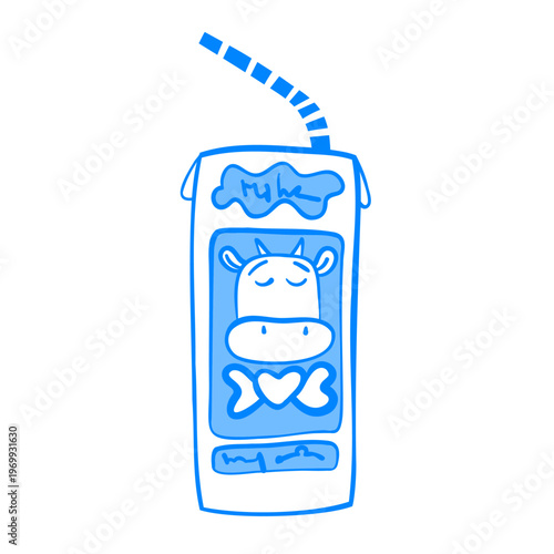 A pack of baby milk with a straw and a cow on the label . Vector hand-drawn linear drawing. Sketch doodle icon illustration in Mediterranean blue line retro style.
