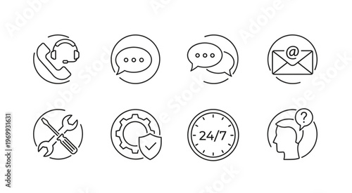 Customer service and support icons representing communication and assistance for help.