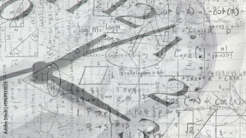 Sequence starting, clock hands rotating clockwise over math notes, visualizing passing time