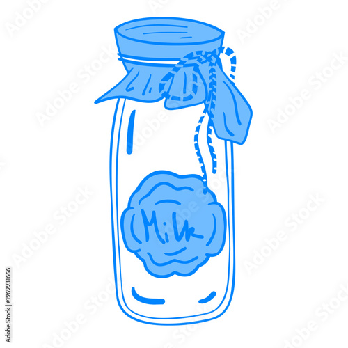 A glass milk bottle with a label tied with a rope. Vector hand-drawn linear drawing. Sketch doodle icon illustration in Mediterranean blue line retro style.