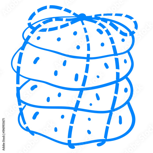 A stack of four cookies tied with a rope.  Vector hand-drawn linear drawing of breakfast food. Sketch doodle icon illustration in Mediterranean blue line retro style