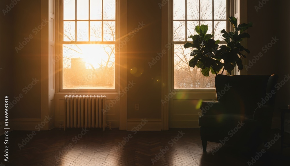 Fototapeta premium Sunlight streaming through a room with a potted plant and radiator in the background