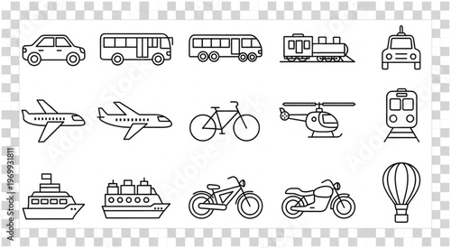 Collection of various transportation vehicles, including cars, buses, and airplanes.