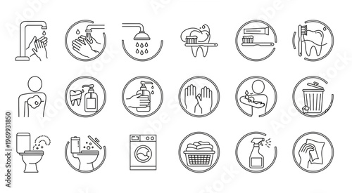 Hygiene and sanitation icons representing cleanliness and health practices for daily life.