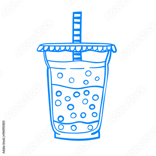 A cold summer drink with a straw. Tea with tapioca pearls. Fruit and berry smoothie doodle. Hand-drawn vector line art. Menu icon in a Mediterranean blue style.