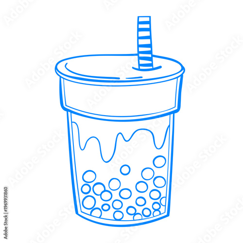 A cold summer drink with a straw. Tea with tapioca pearls. Fruit and berry smoothie doodle. Hand-drawn vector line art. Menu icon in a Mediterranean blue style.