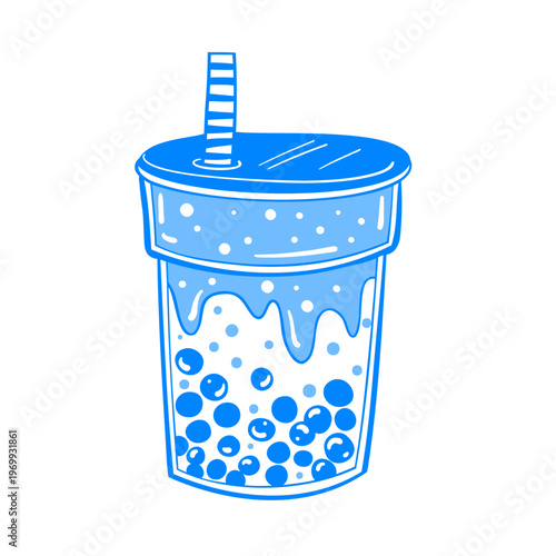 A cold summer drink with a straw. Tea with tapioca pearls. Fruit and berry smoothie doodle. Hand-drawn vector line art. Menu icon in a Mediterranean blue style.
