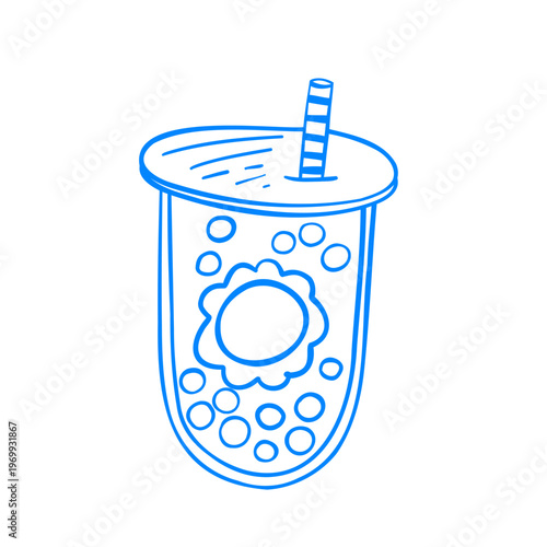 Bubble tea in a plastic cup. Boba summer drink with a straw. Tapioca lemonade soda. Vector hand-drawn linear drawing. Sketch doodle icon illustration in Mediterranean blue line style