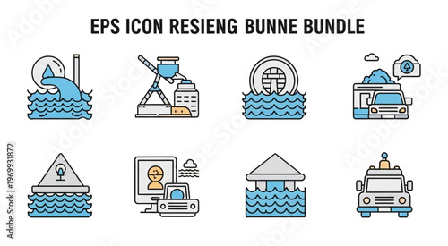 Collection of Environmental Icons Depicting Water Pollution and Waste Management.