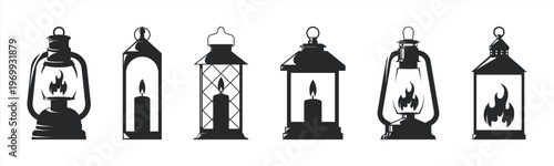 Vintage Lantern Vector Icons with Flames and Candles