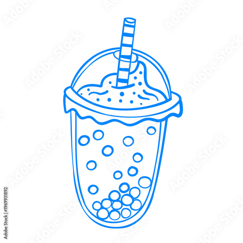 A cold summer drink with a straw and cream. Tea with tapioca pearls. Fruit and berry smoothie doodle. Hand-drawn vector line art. Menu icon in a Mediterranean blue style.