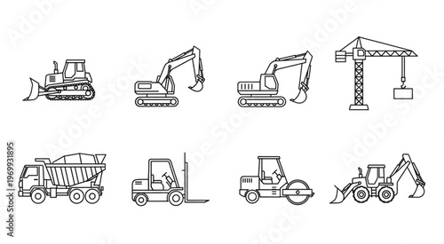Construction equipment outline drawings, various vehicles for building and industry.