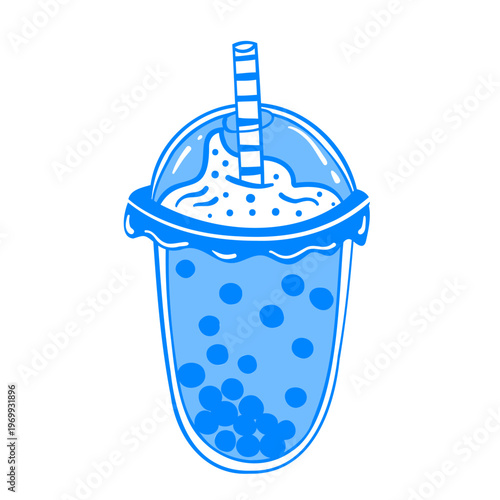 Bubble tea in a plastic cup with dome lid. Boba summer drink with a straw. Tapioca lemonade soda. Vector hand-drawn linear drawing. Sketch doodle icon illustration in Mediterranean blue line style