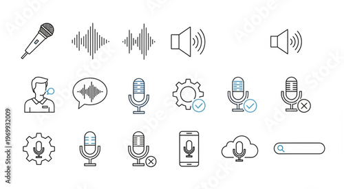 Collection of microphone and audio icons representing sound recording and voice communication.