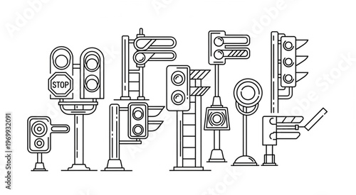 Collection of various traffic light designs and styles in black and white.