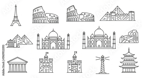 Collection of iconic world landmarks and famous architectural structures.