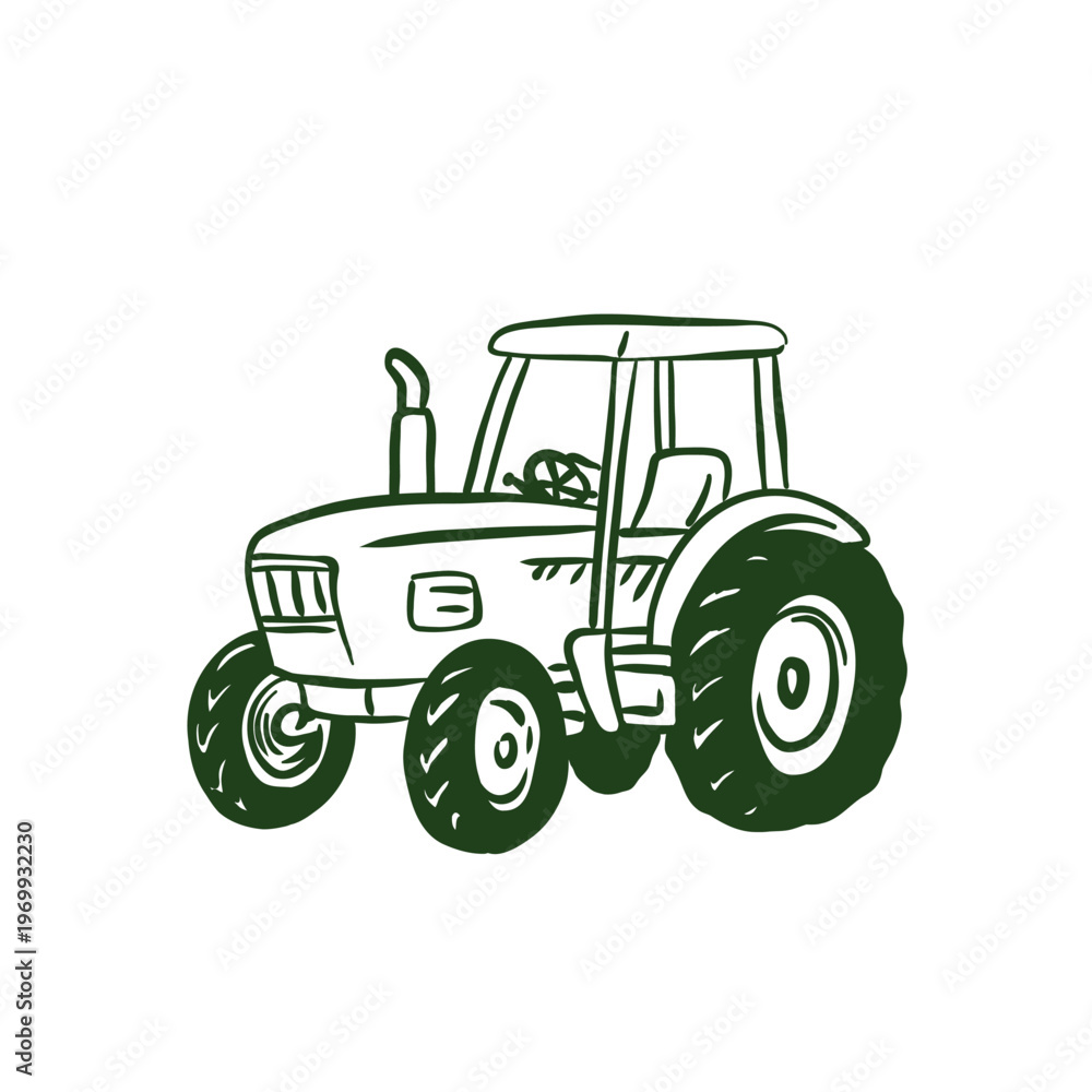 Obraz premium Hand-drawn doodle of a farm tractor. Minimalist black ink sketch representing agricultural machinery, farming industry, and rural work. Isolated on white background.