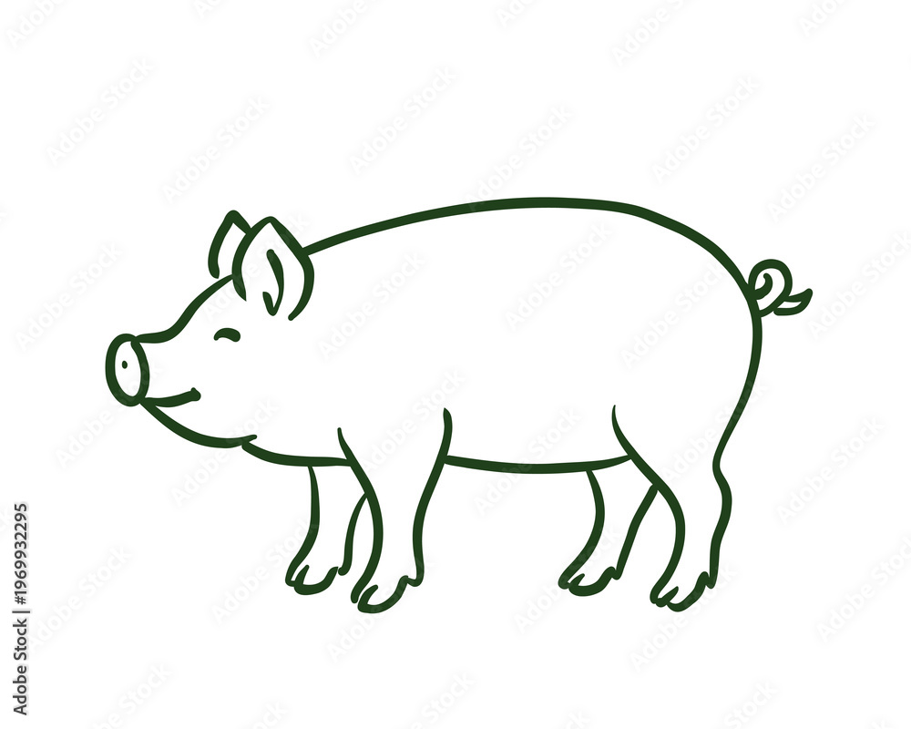 Obraz premium Hand-drawn doodle of a pig. Minimalist black ink sketch representing farm animals, livestock, and agriculture. Isolated on white background.