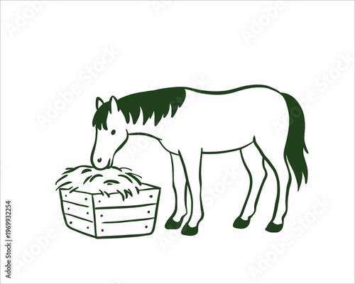 Hand-drawn doodle of a horse eating hay from a wooden crate. Minimalist black ink sketch representing farm animals, livestock feeding, and rural life. Isolated on white background.