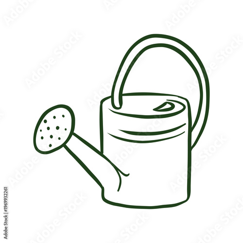 Hand-drawn doodle of a garden watering can. Minimalist black ink sketch representing gardening, plant care, and spring housework. Isolated on white background.