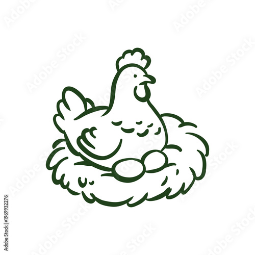 Hand-drawn doodle of a hen sitting on a nest with eggs. Minimalist black ink sketch representing poultry farming, agriculture, and organic food production. Isolated on white background.