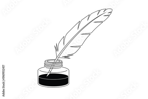 Vintage Quill Pen Resting In An Inkwell Bottle, Black And White Illustration Of Classic Writing Tools, Evoking Historical And Literary Mood.
