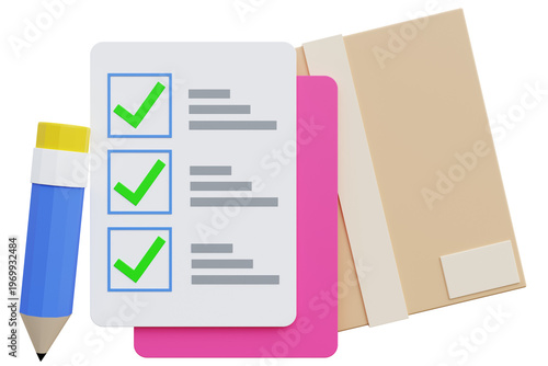 3D cardboard box and clipboard with order checklist. Icons are correct and confirmed. Confirmed order shipping concept with delivery. 3D rendering.