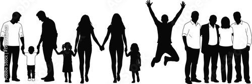Family silhouettes in various poses representing togetherness and joy.