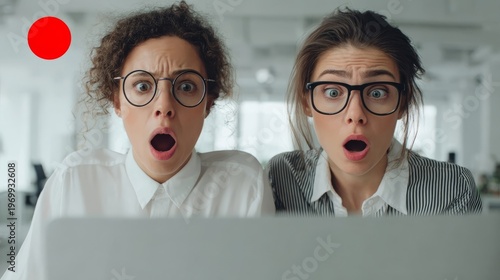 Two women with shocked expressions stare at a laptop screen, one with a red recording light.