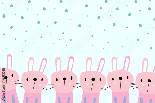 Pink hares in row, falling snow. Winter season. Cute and cozy background. Cartoon vector design.